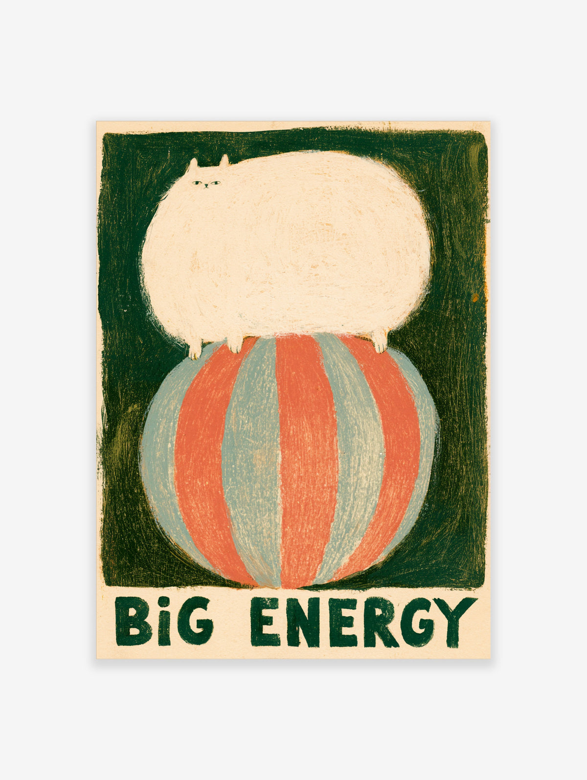White cat on red and blue striped balloon with Big Energy text on dark green background