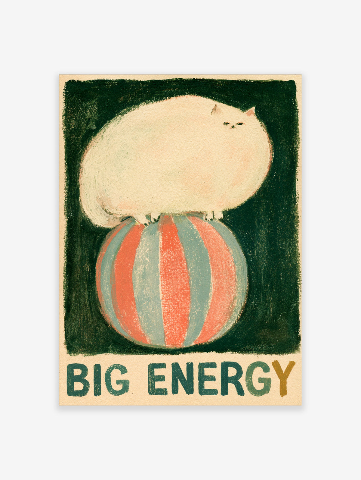 White cat sitting on a red and blue striped balloon with Big Energy text on a dark green background