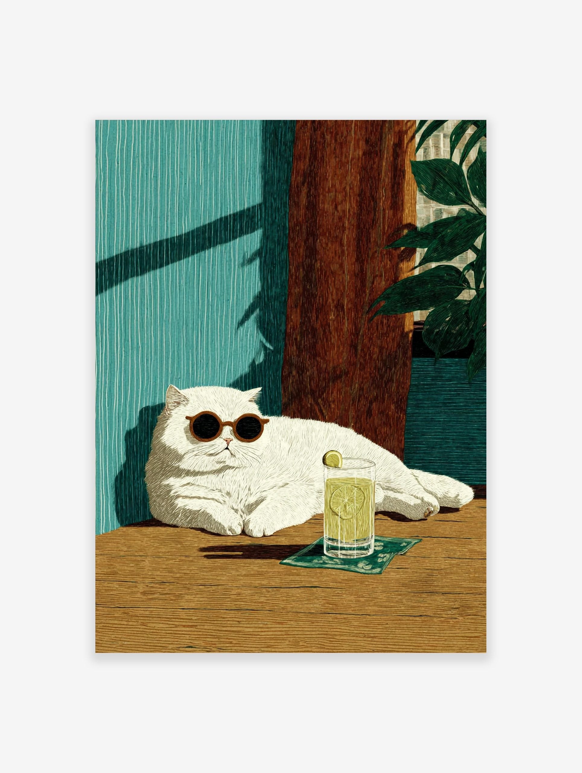 Illustrative print of a white cat in sunglasses with a lime drink, against a teal wall and wooden panel