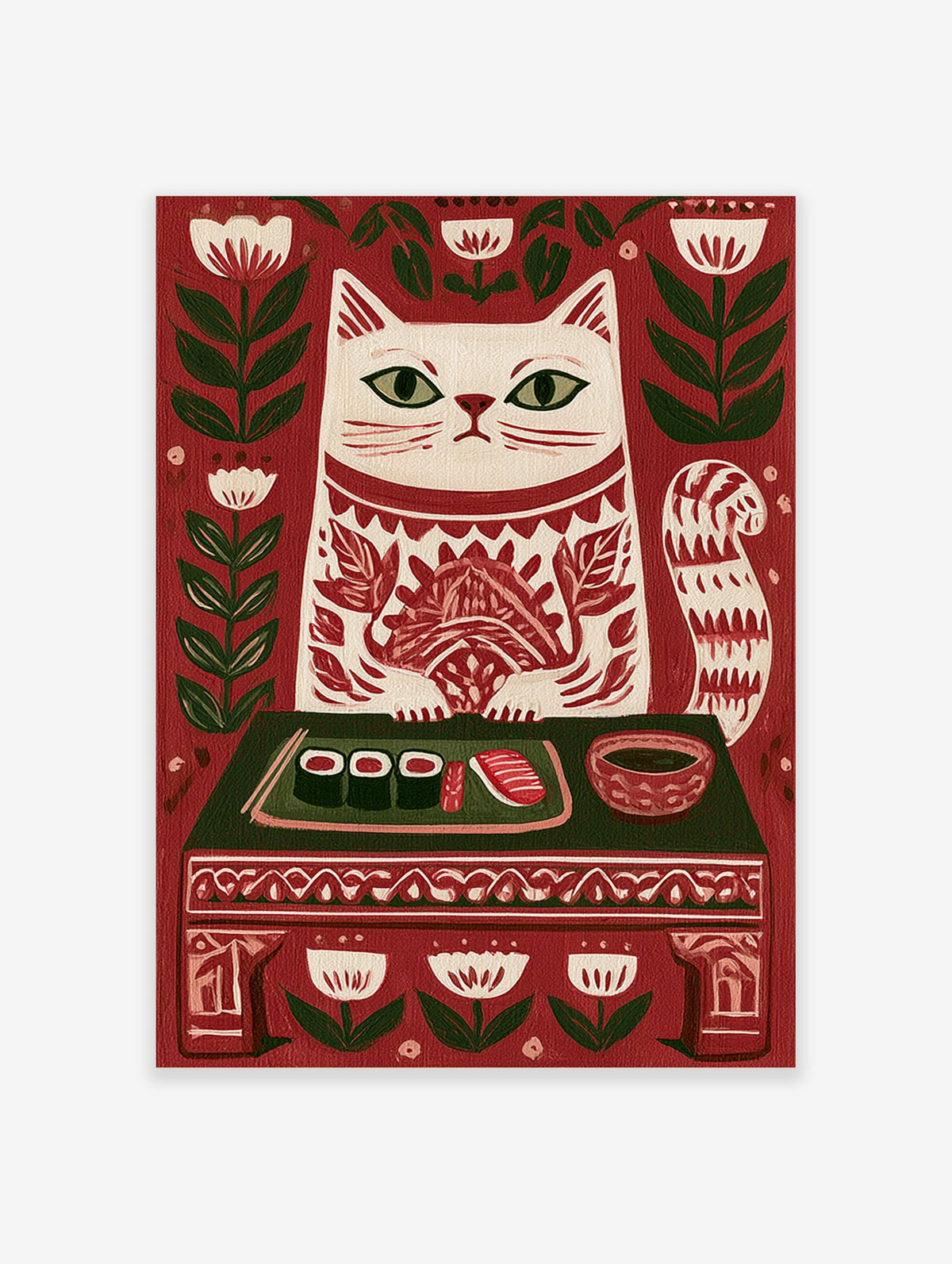 White cat folk art print with sushi, soy sauce, and floral motifs on red background