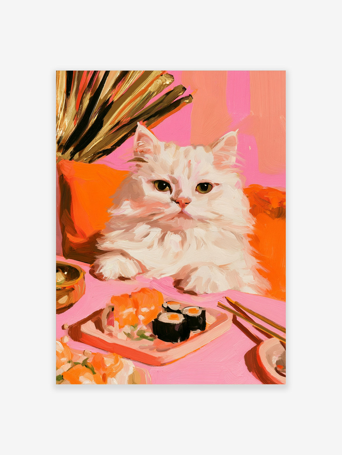 White cat with green eyes sitting behind pink table with sushi and chopsticks, colourful painting