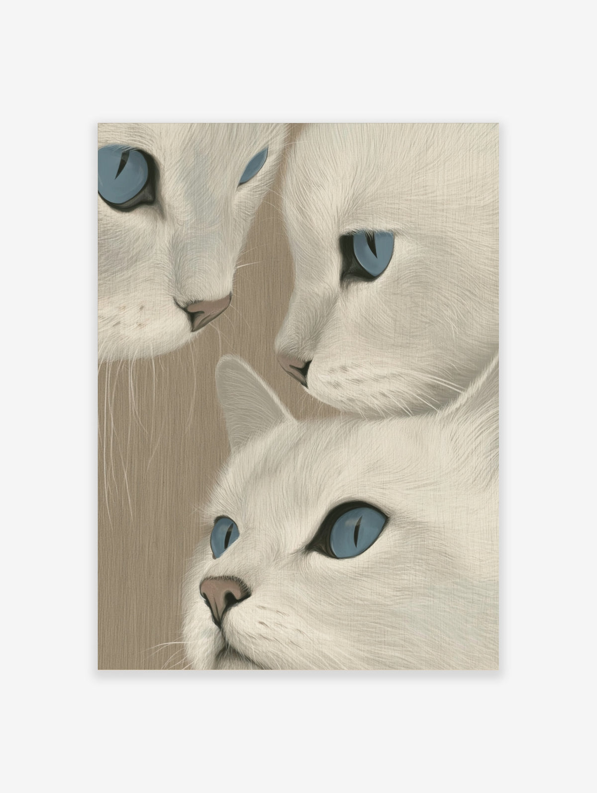 White cat wall art print with three blue-eyed cats in a close-up portrait composition