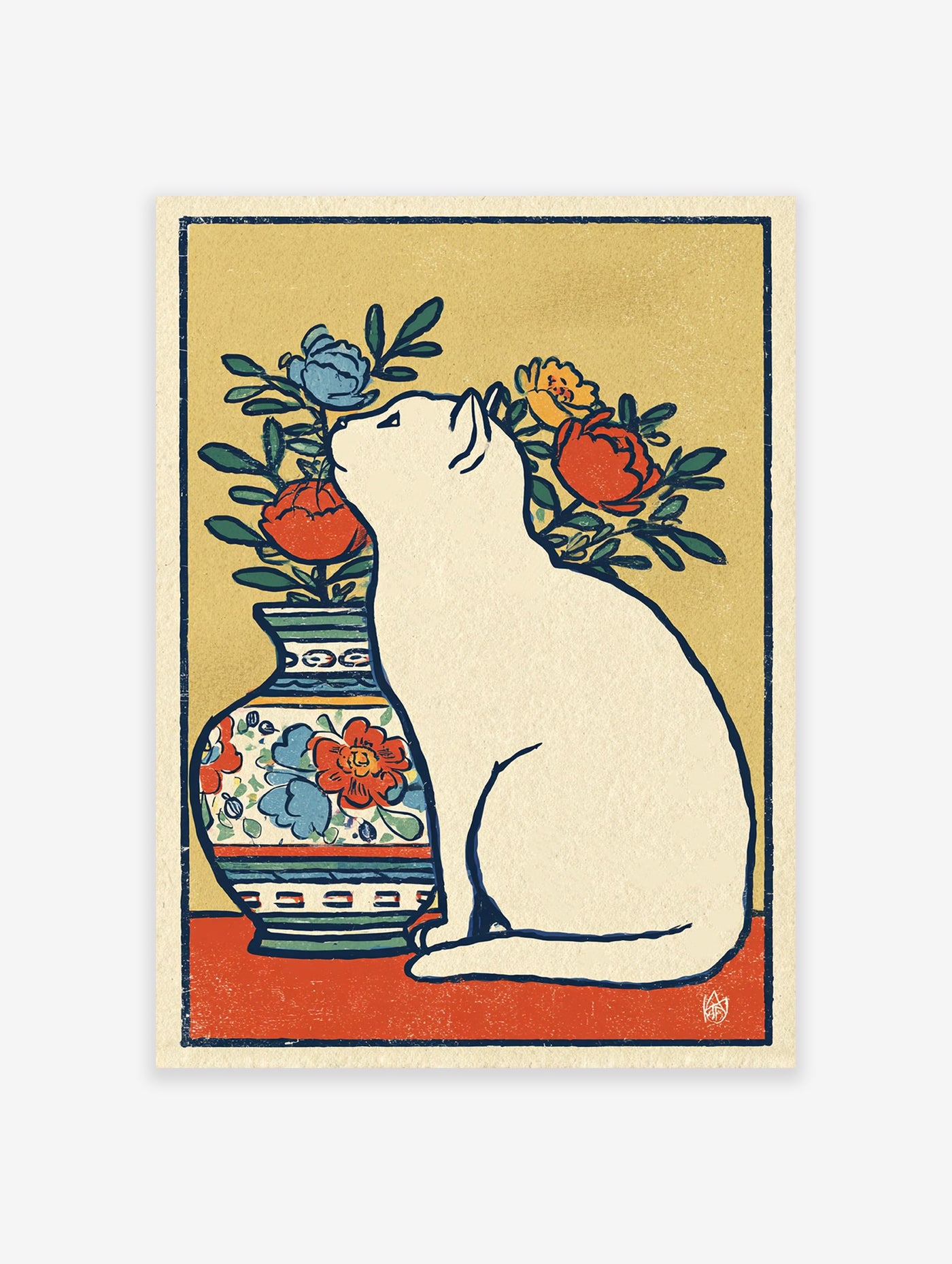 White cat wall art sitting next to a vase with red, blue, and yellow flowers in an illustrated, vintage style.