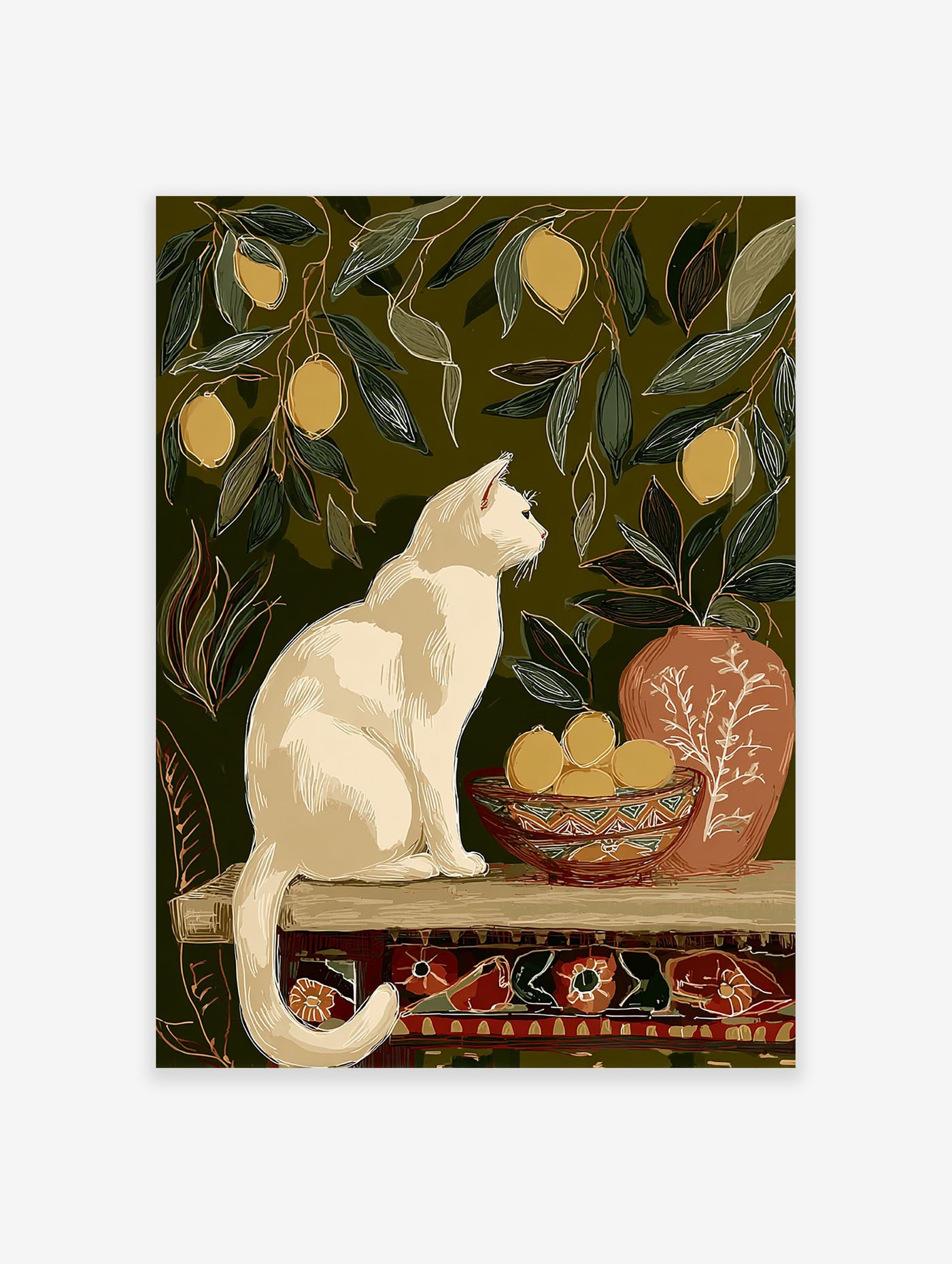 Illustrative white cat and lemon tree wall art print with a bowl of lemons and a patterned vase on a dark green background.