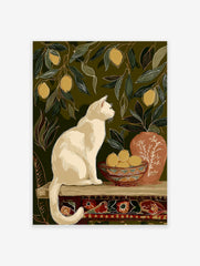 Illustrative white cat and lemon tree wall art print with a bowl of lemons and a patterned vase on a dark green background.