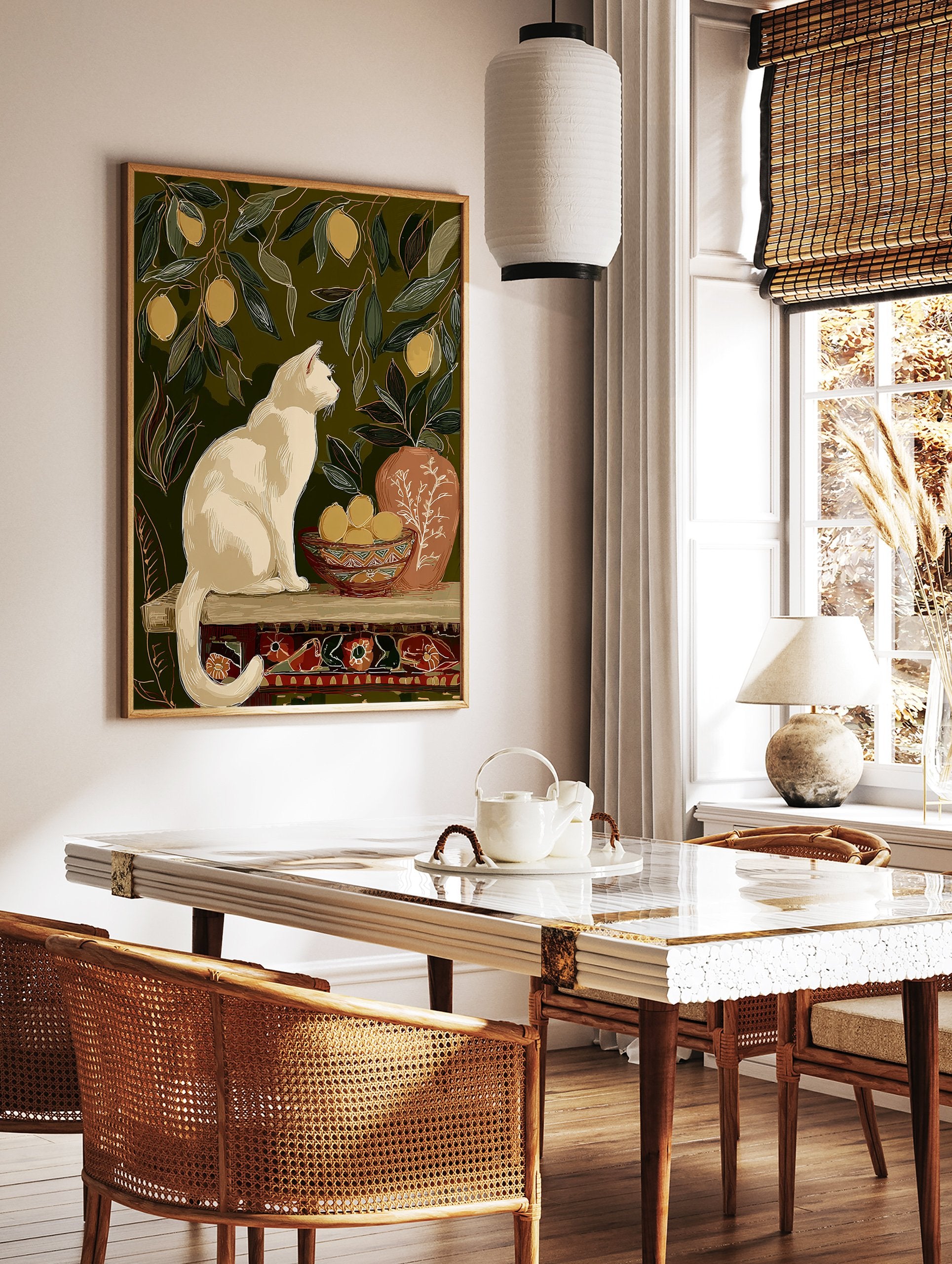 Illustrative white cat and lemon tree wall art print with a bowl of lemons and a patterned vase on a dark green background. - Image 2
