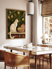 Illustrative white cat and lemon tree wall art print with a bowl of lemons and a patterned vase on a dark green background. - Image 2