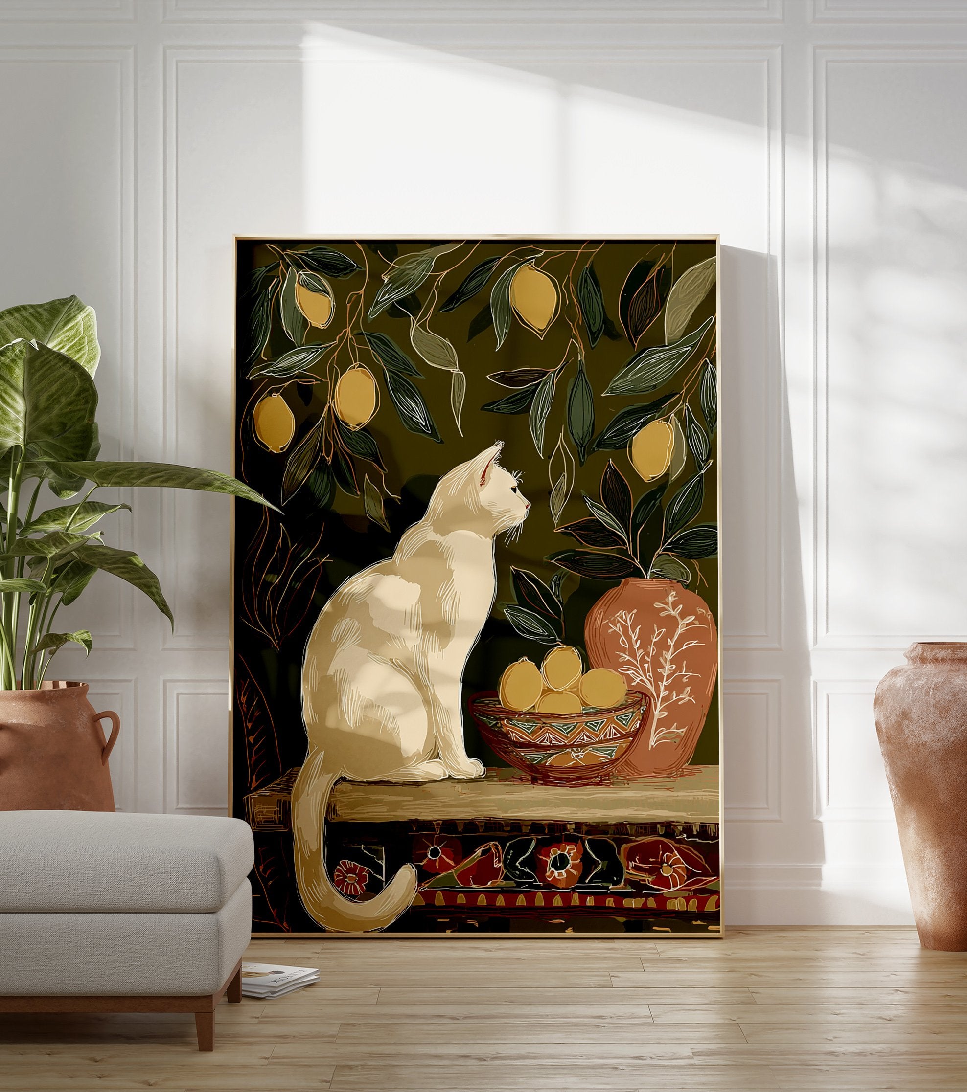 Illustrative white cat and lemon tree wall art print with a bowl of lemons and a patterned vase on a dark green background. - Image 3