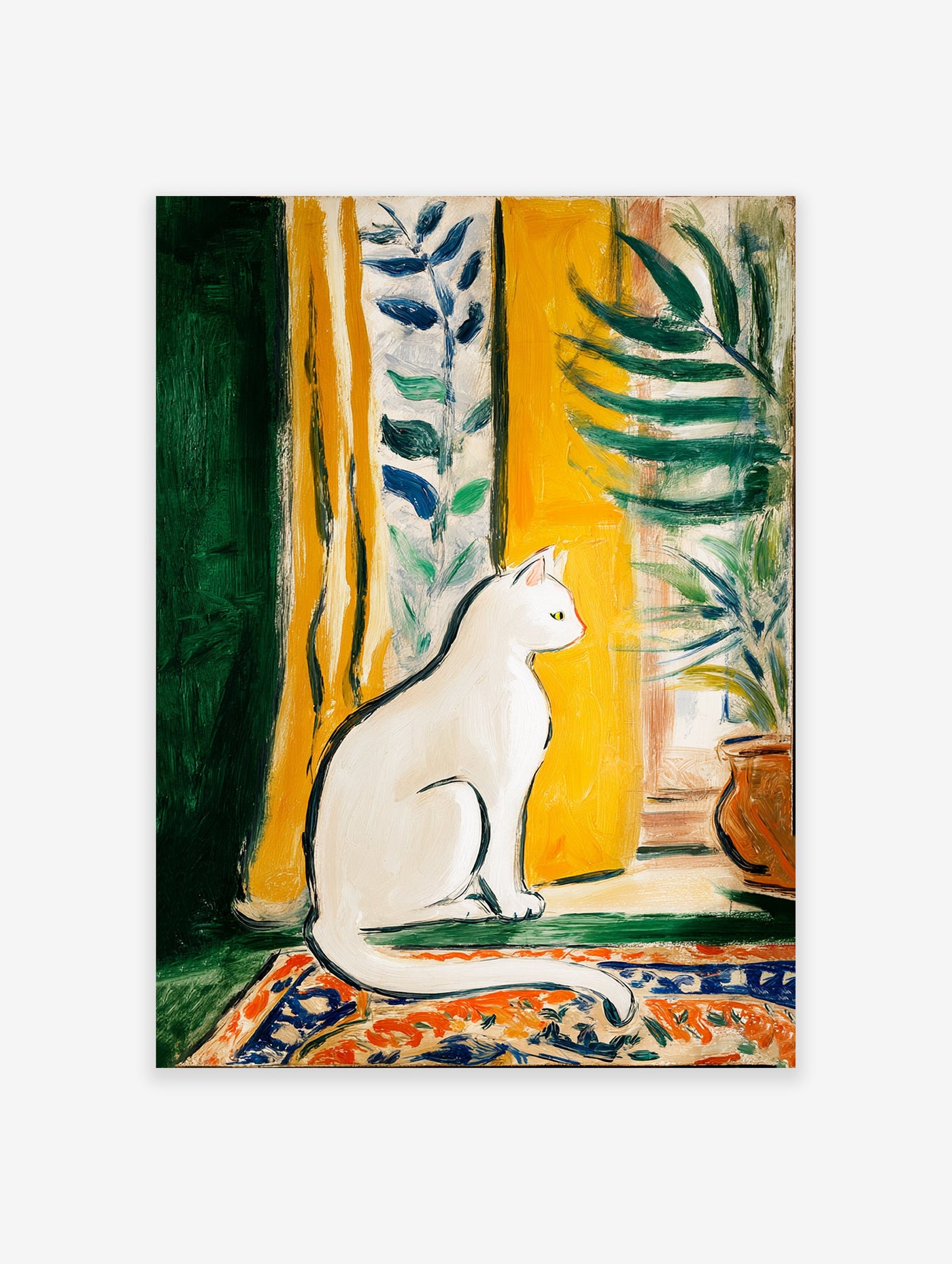 White cat wall art painting featuring a serene cat looking out a window with yellow curtains and green plants on a patterned rug.