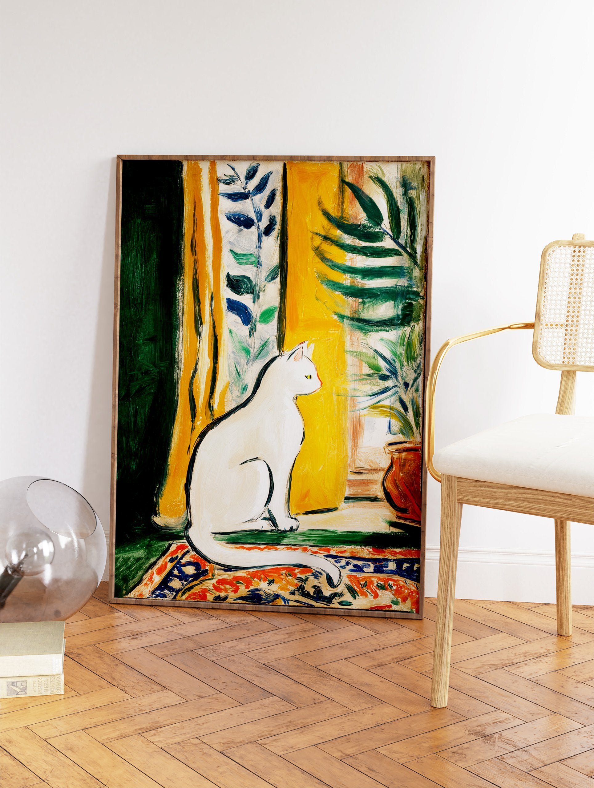 White cat wall art painting featuring a serene cat looking out a window with yellow curtains and green plants on a patterned rug. - Image 2