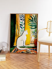 White cat wall art painting featuring a serene cat looking out a window with yellow curtains and green plants on a patterned rug. - Image 2