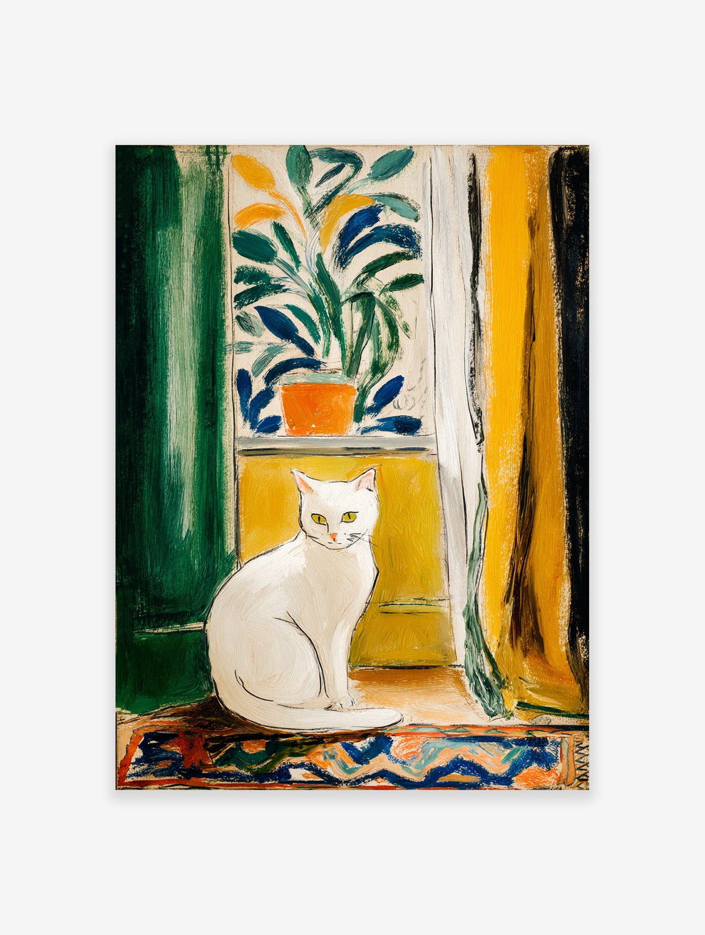 Painterly artwork of a white cat with yellow eyes sitting on a windowsill, framed by green and yellow curtains.