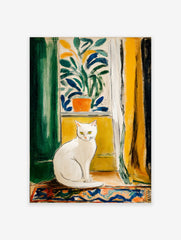 Painterly artwork of a white cat with yellow eyes sitting on a windowsill, framed by green and yellow curtains.