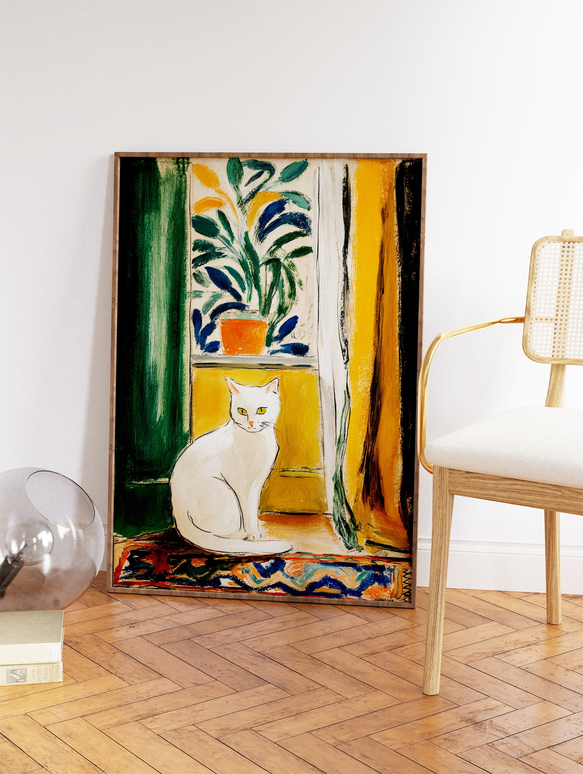Painterly artwork of a white cat with yellow eyes sitting on a windowsill, framed by green and yellow curtains. - Image 2
