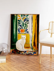 Painterly artwork of a white cat with yellow eyes sitting on a windowsill, framed by green and yellow curtains. - Image 2