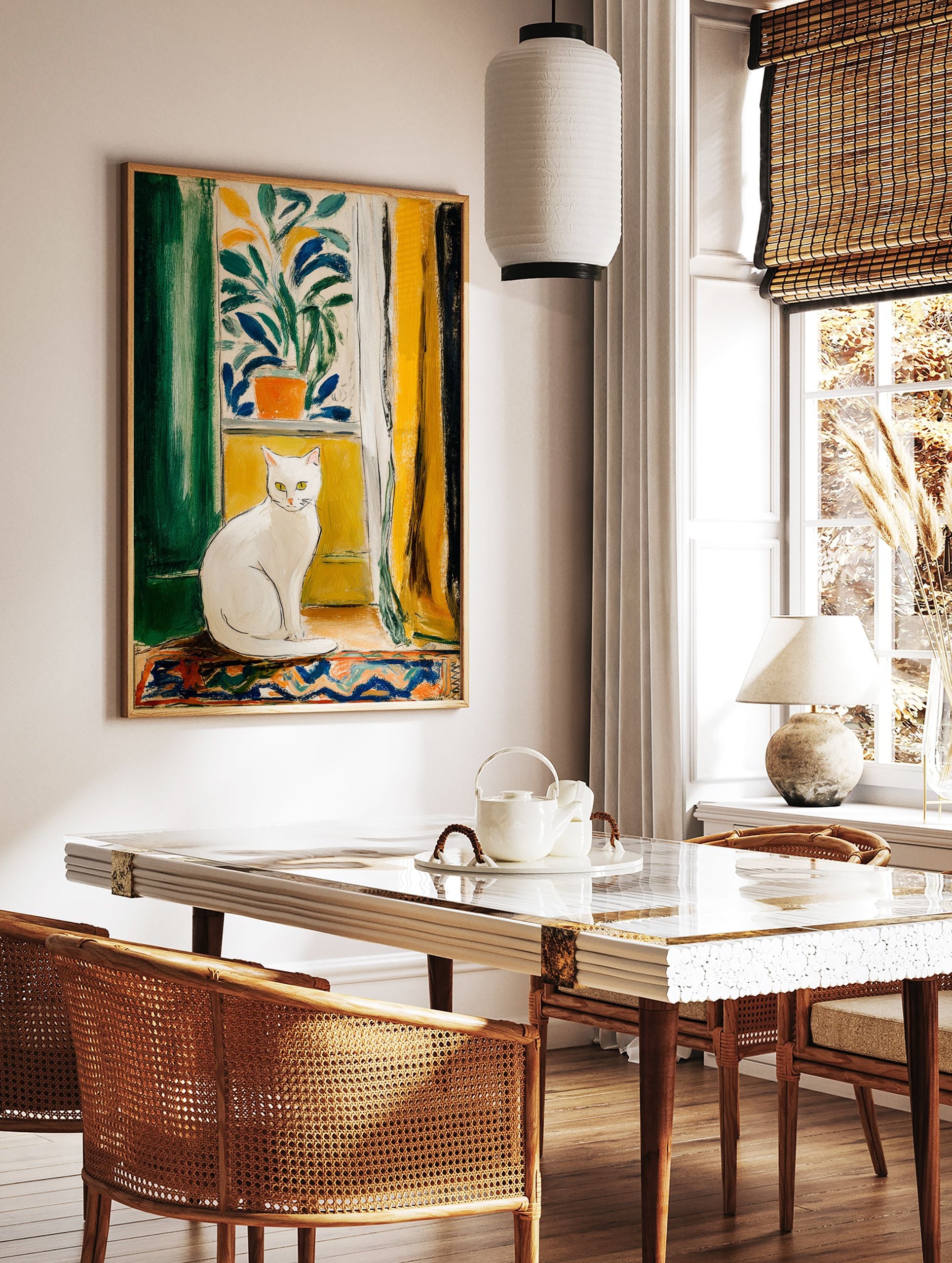 Painterly artwork of a white cat with yellow eyes sitting on a windowsill, framed by green and yellow curtains. - Image 3