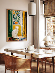 Painterly artwork of a white cat with yellow eyes sitting on a windowsill, framed by green and yellow curtains. - Image 3