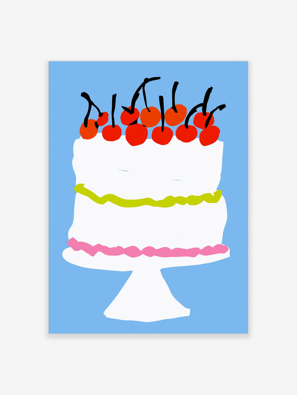 White cherry cake poster with red cherries and colourful squiggle icing on blue background