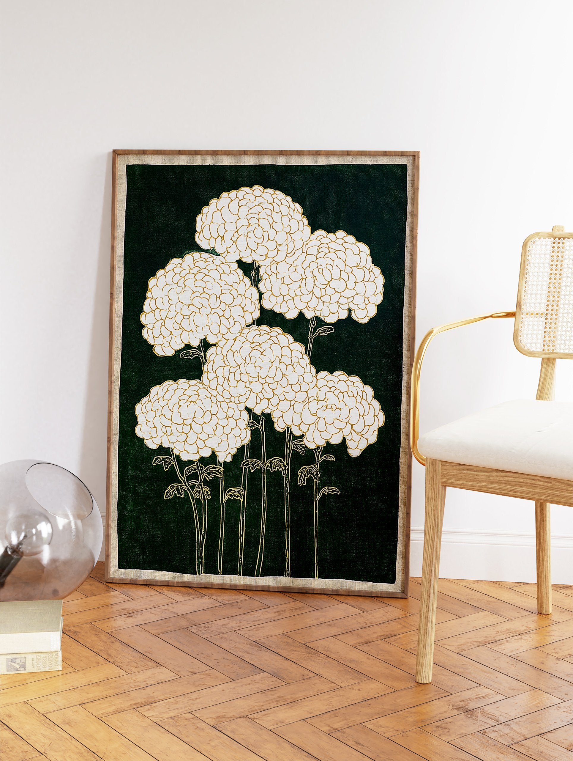 White chrysanthemum botanical illustration wall art with gold outlines on a dark green background and a beige border - Image 2