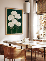White chrysanthemum botanical illustration wall art with gold outlines on a dark green background and a beige border - Image 3