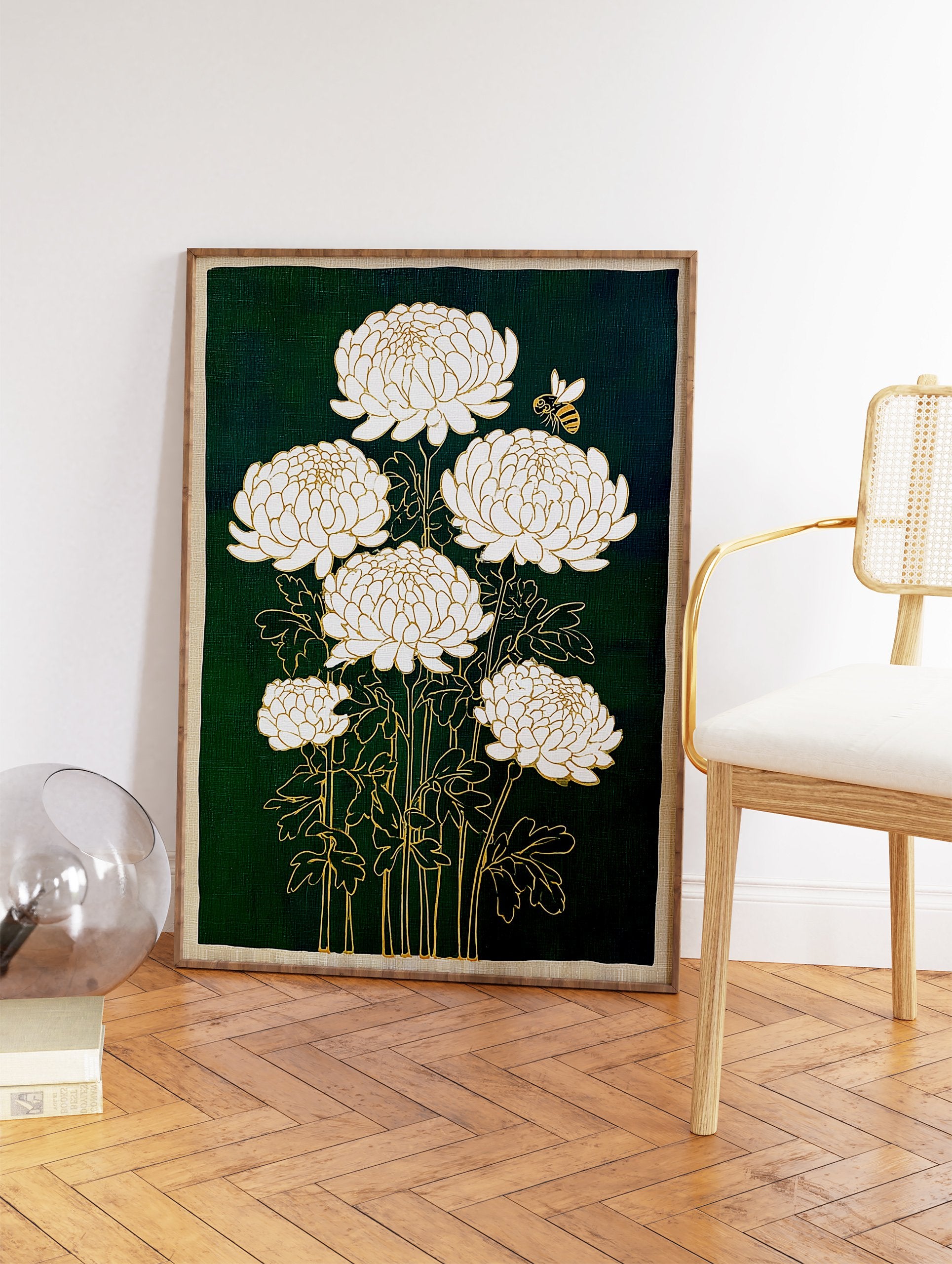 White Chrysanthemum Wall Art with gold outlines and a bee on a dark green background, featuring a botanical illustration style. - Image 2