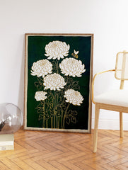 White Chrysanthemum Wall Art with gold outlines and a bee on a dark green background, featuring a botanical illustration style. - Image 2
