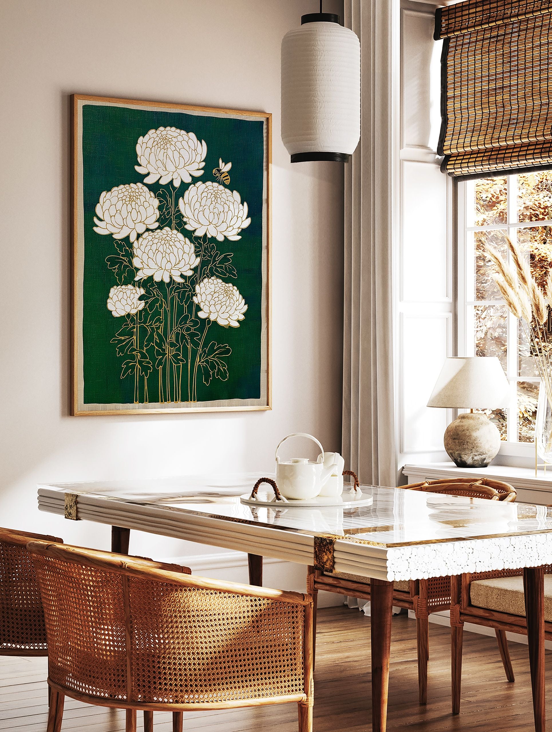 White Chrysanthemum Wall Art with gold outlines and a bee on a dark green background, featuring a botanical illustration style. - Image 3