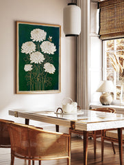 White Chrysanthemum Wall Art with gold outlines and a bee on a dark green background, featuring a botanical illustration style. - Image 3