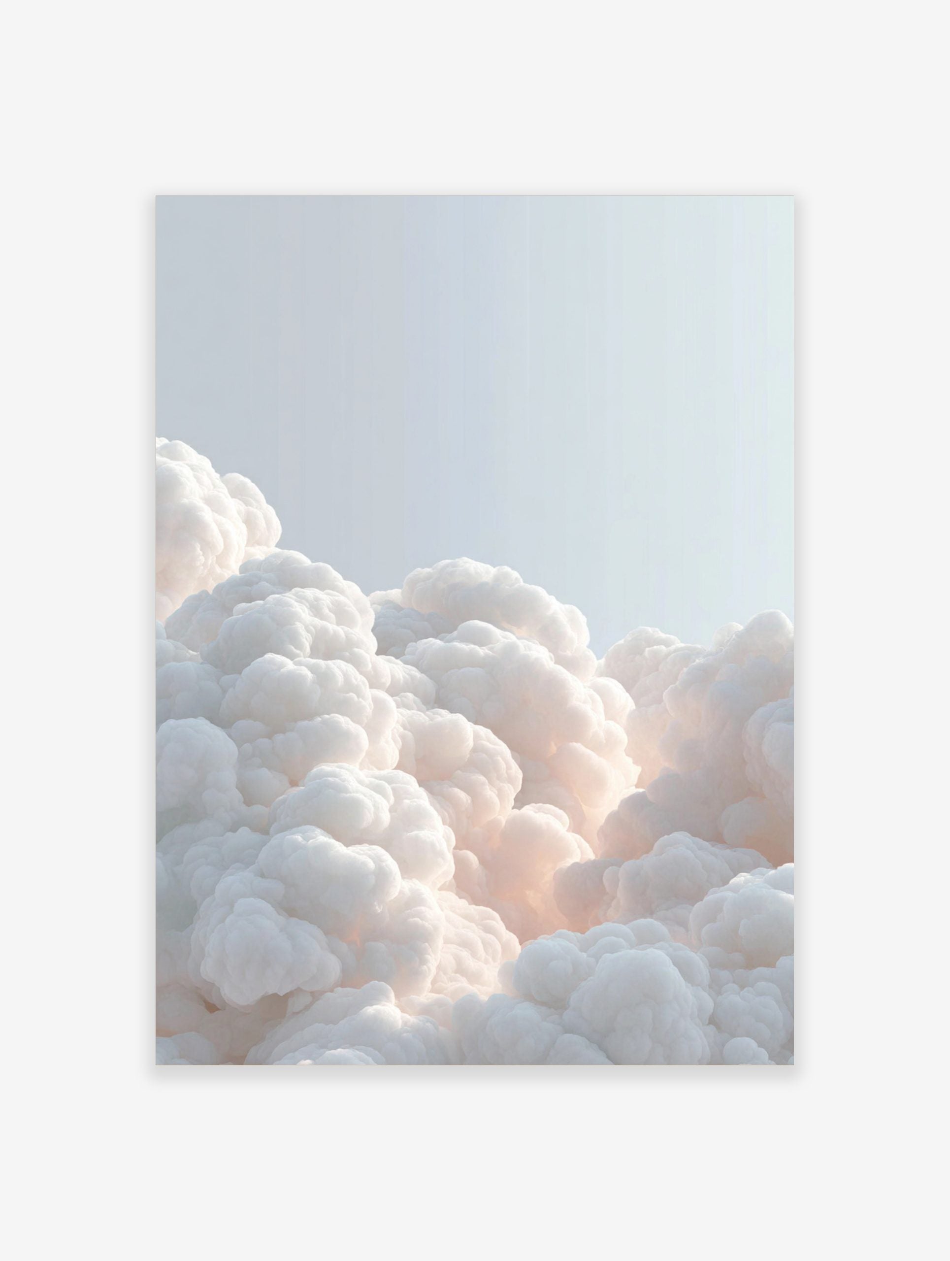 Voluminous white clouds with soft, warm glow against a light blue sky, filling the bottom of the frame