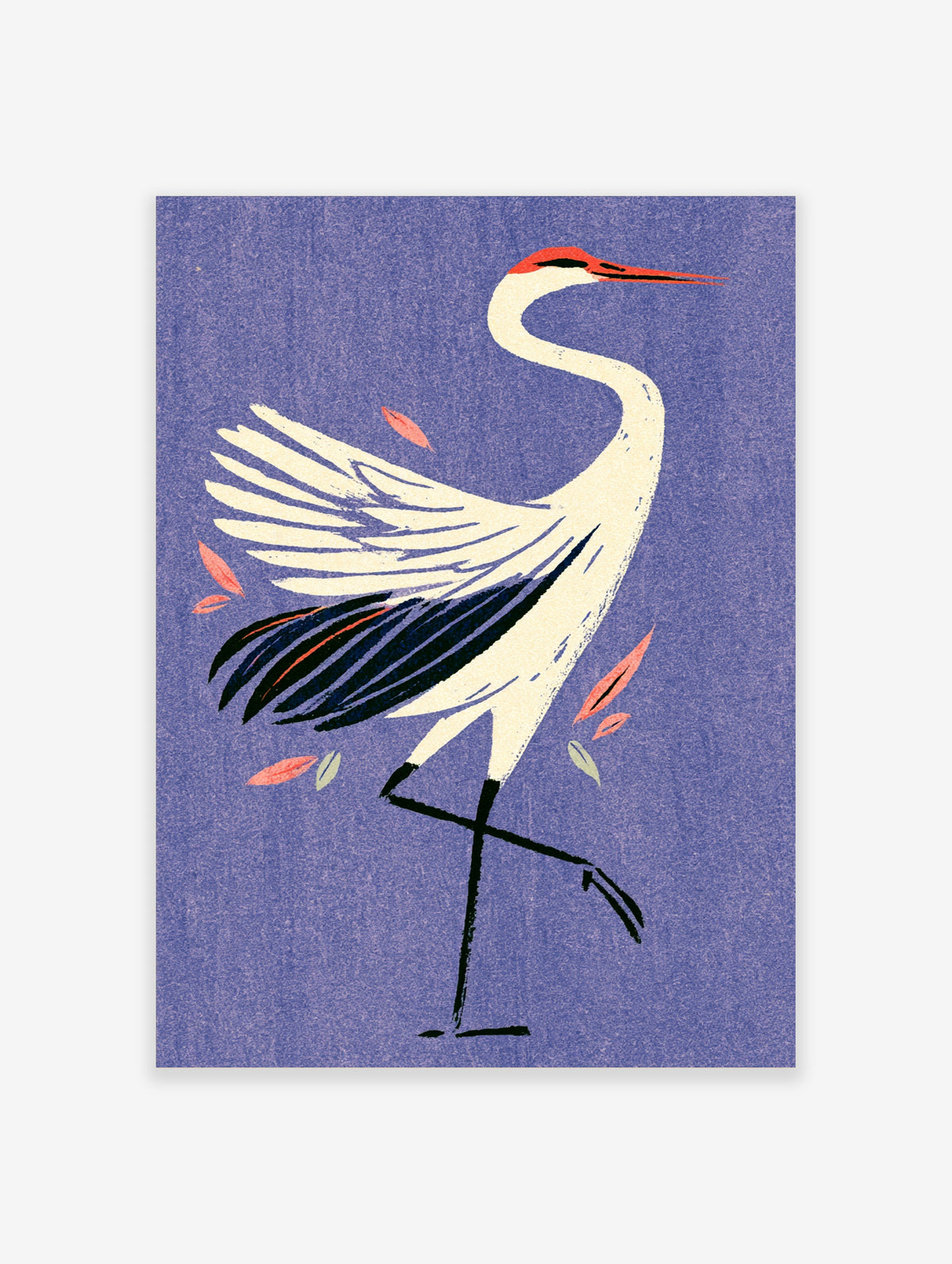 White crane bird poster with red crown and black tail on purple background with coral leaves