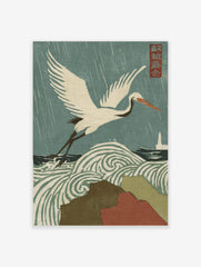 Japanese woodblock print of a white crane flying over swirling stormy waves and rain, with a distant lighthouse
