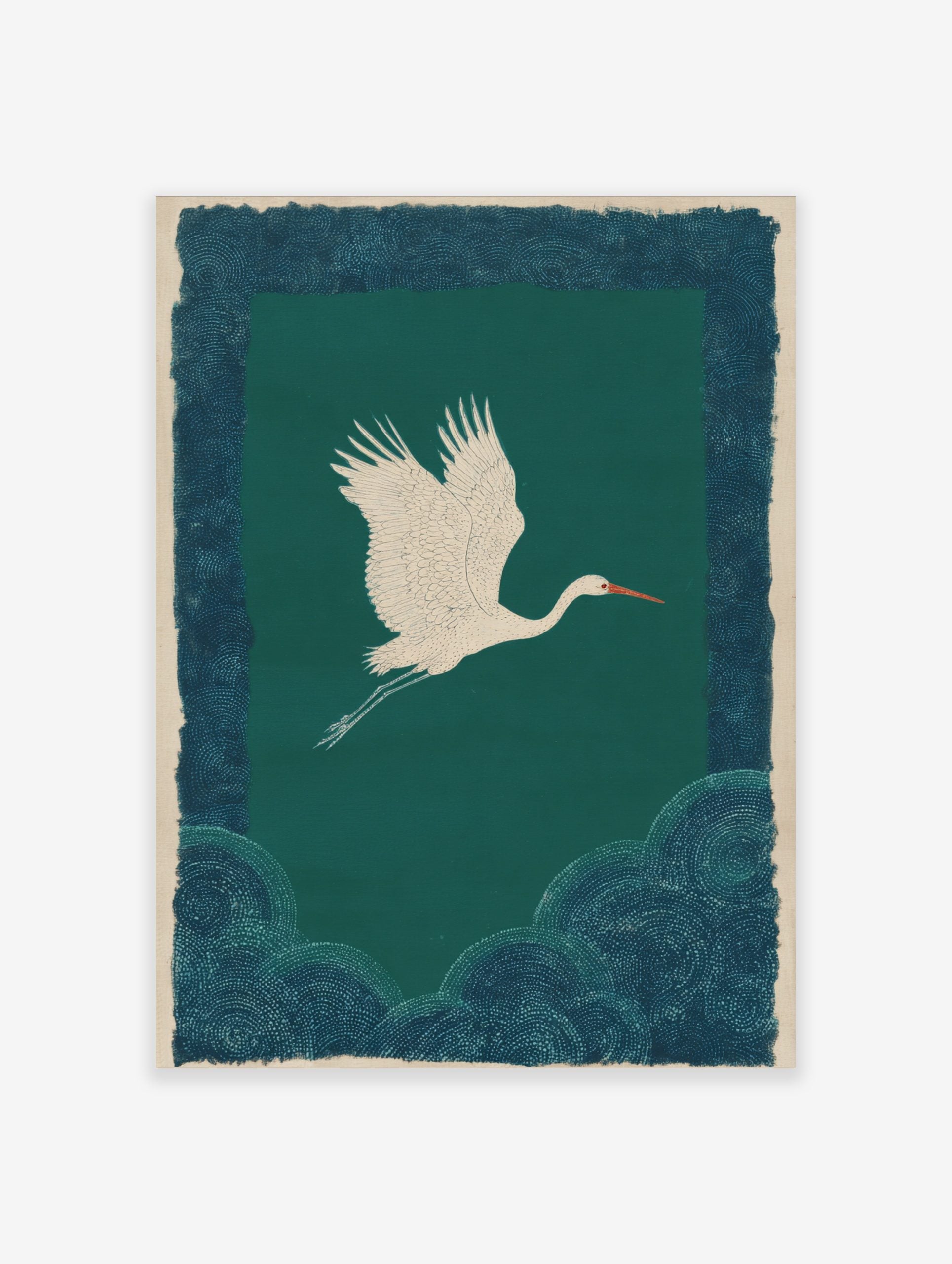 White crane flying against teal background with patterned dark blue borders in illustrative style