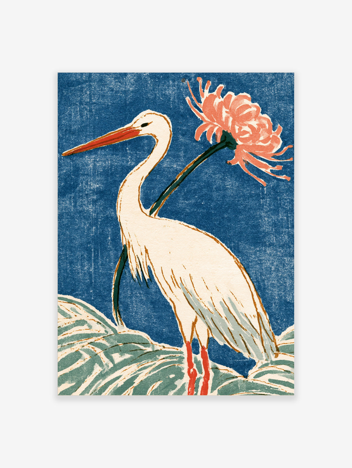 White crane with red crown holding pink chrysanthemum against textured blue background, Japanese bird art print