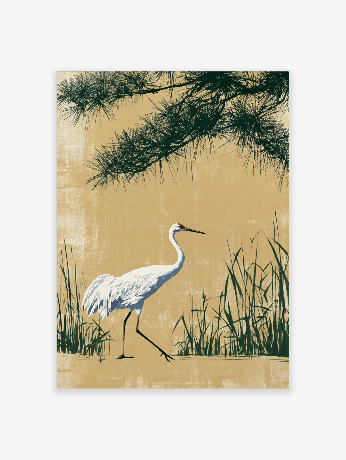 White crane with red crown standing among green reeds and pine branches on beige background art print