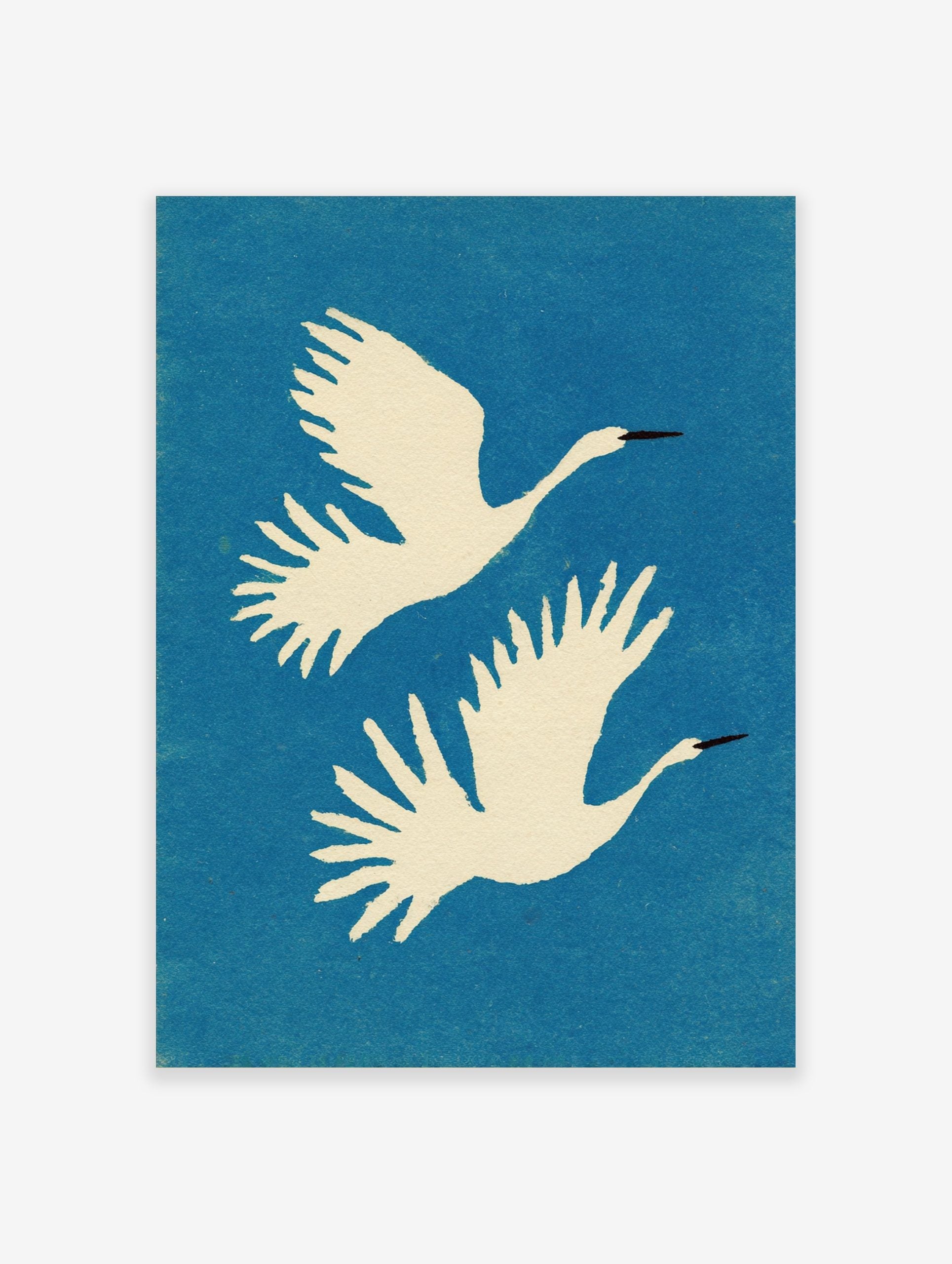 Two white cranes with black beaks flying upwards against a blue, textured background in a minimalist style