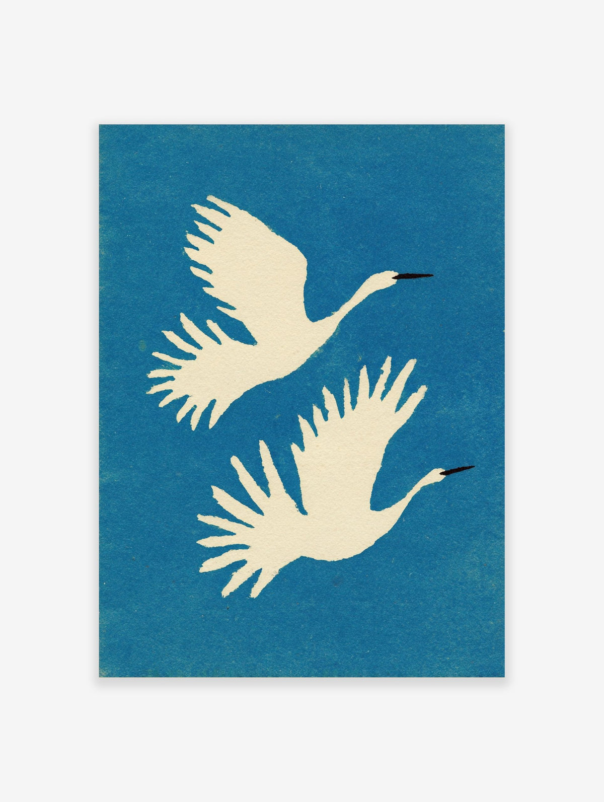 Two white cranes with black beaks flying upwards against a blue, textured background in a minimalist style