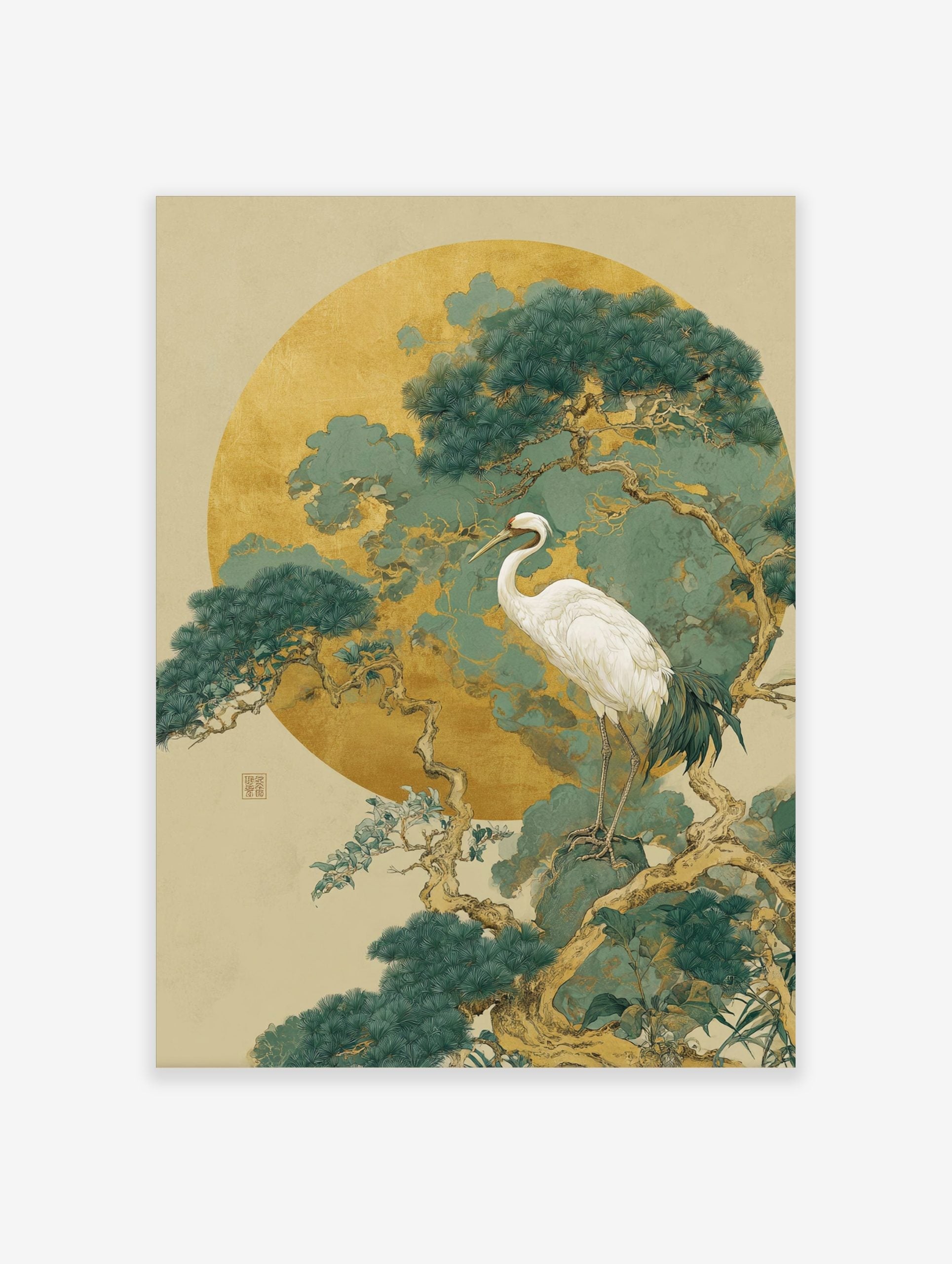 White crane standing on a pine tree branch against a large golden moon and teal-green foliage art print