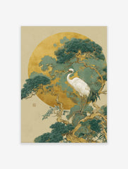 White crane standing on a pine tree branch against a large golden moon and teal-green foliage art print