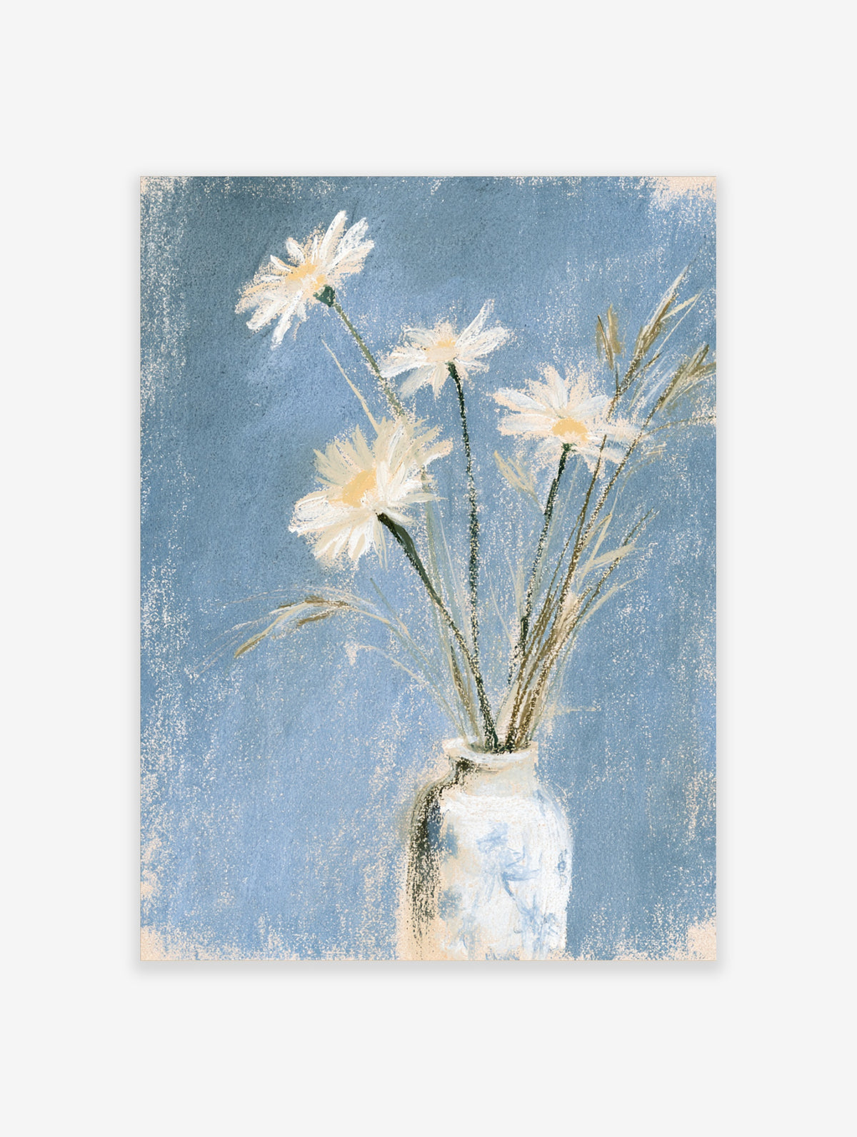White daisy flower poster with three blooms in a textured vase on a blue background