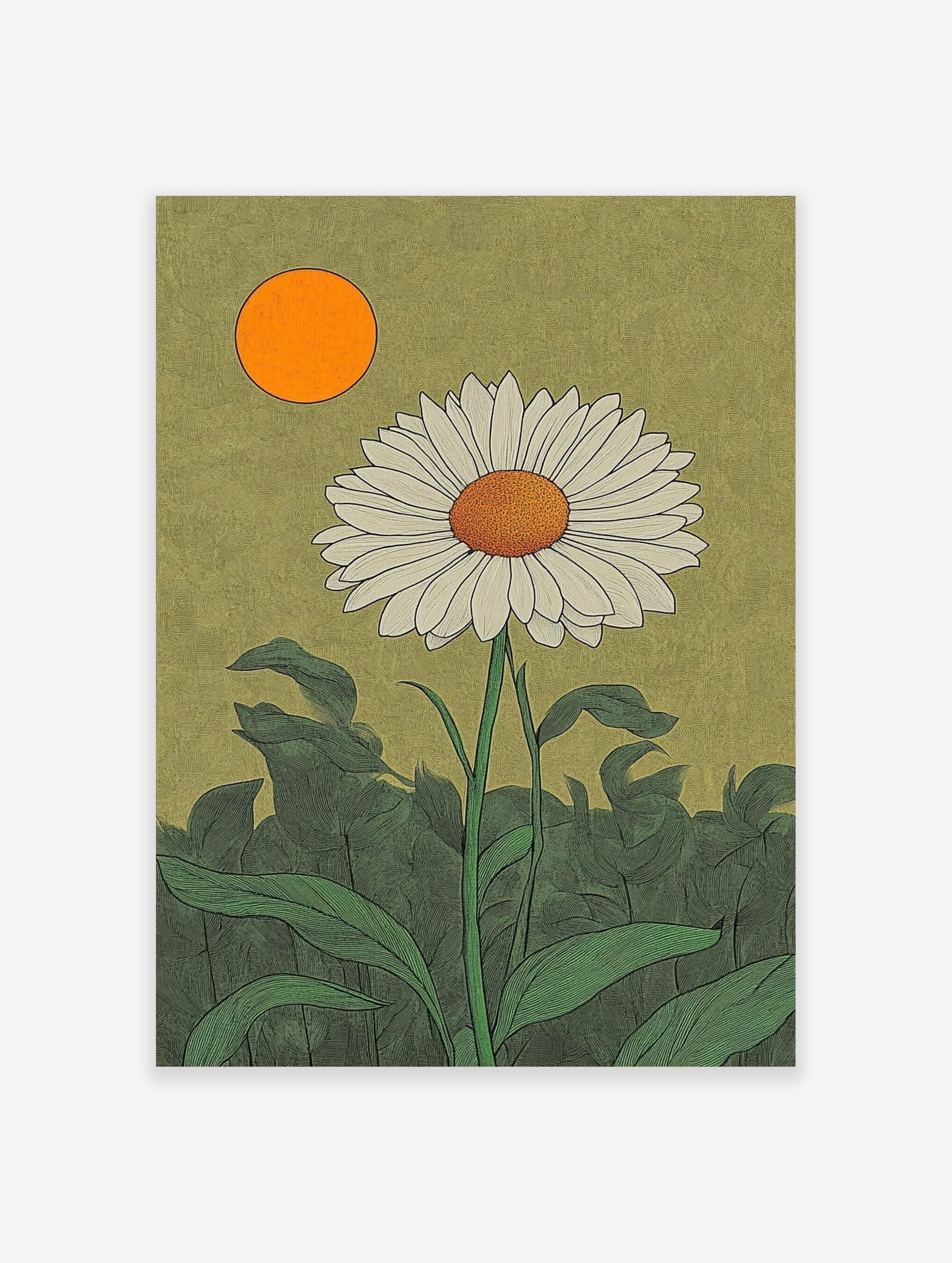 White daisy botanical illustration with orange sun and green leaves against a textured olive-green background