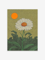 White daisy botanical illustration with orange sun and green leaves against a textured olive-green background