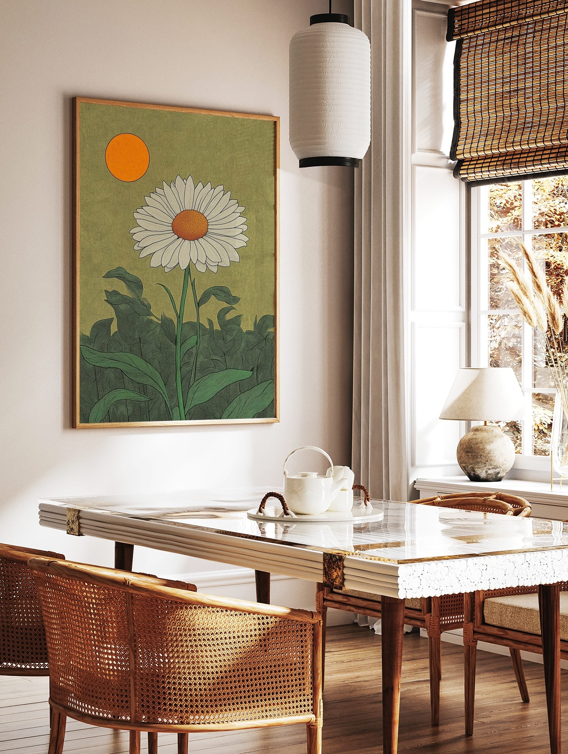White daisy botanical illustration with orange sun and green leaves against a textured olive-green, in a styled room mockup