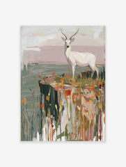White deer with antlers standing on a cliff edge with orange and yellow grasses in a painterly style