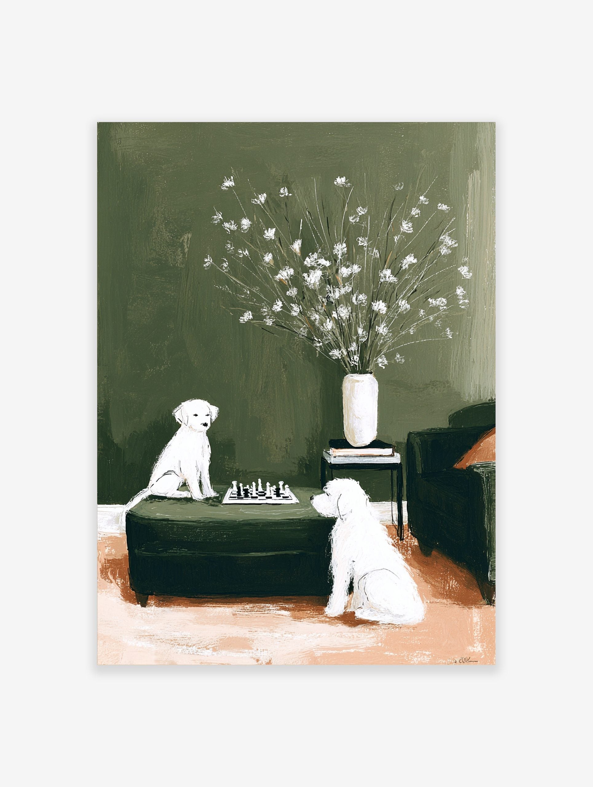 Illustrative print of two white dogs playing chess on a green ottoman with flowers in a vase