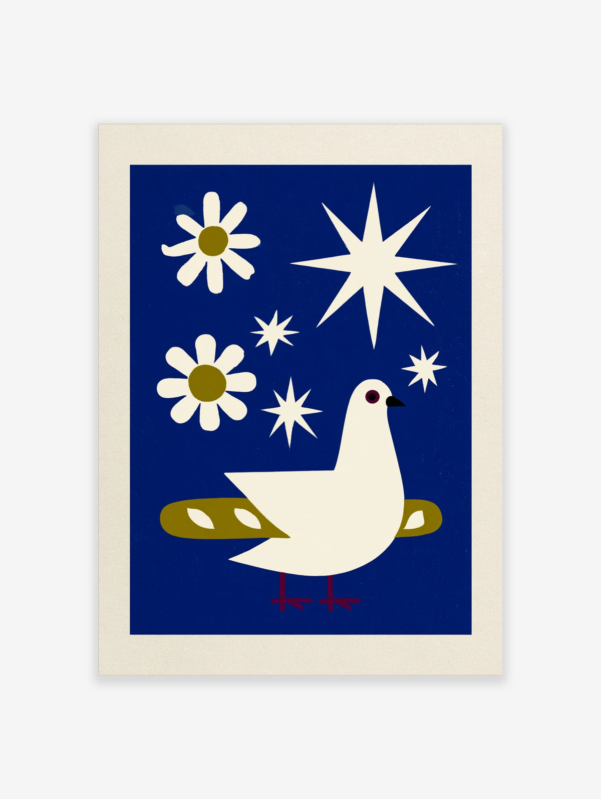 White dove and daisy poster with navy blue background and white starbursts