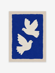 Two white illustrative doves flying against a deep blue background with a beige border, minimalist style