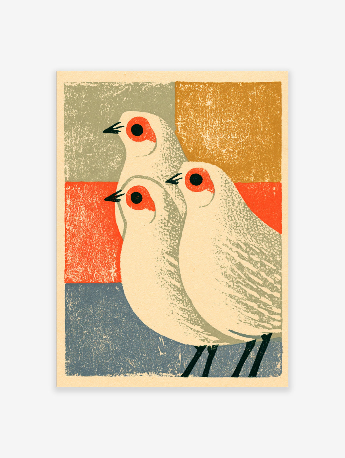 Three white doves with red eye patches and black beaks on a geometric block background art print