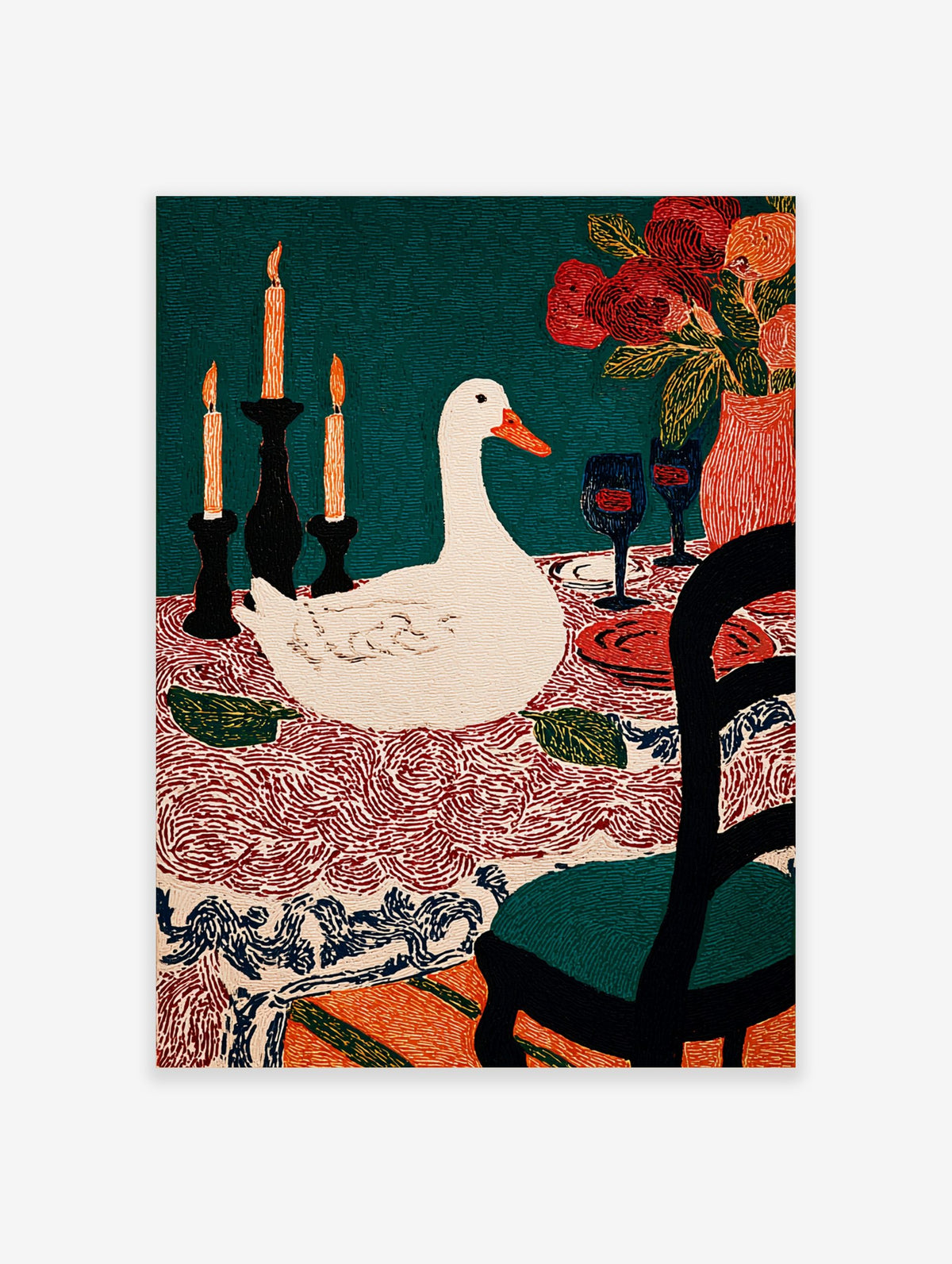 Illustrative print of a white duck at a dining table with candles, flowers, wine glasses, and a patterned tablecloth