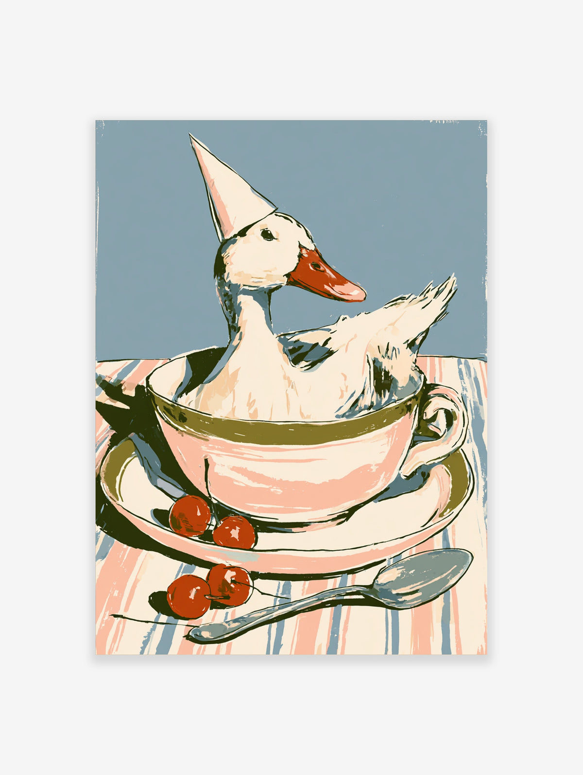 White duck in a pink teacup wearing a party hat, with cherries and a spoon on a striped table