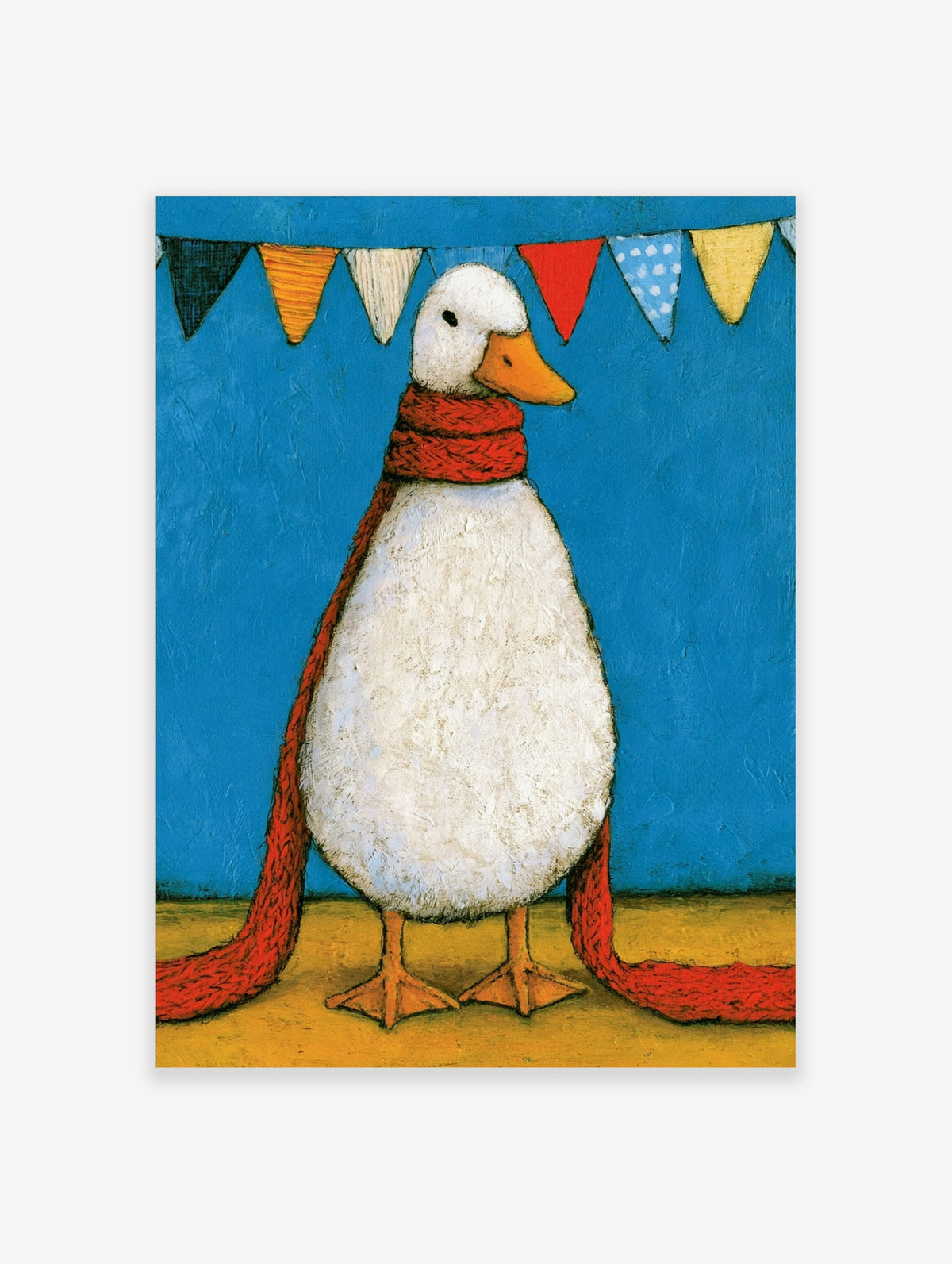 White duck with red scarf and orange beak under colourful bunting on blue background, folk art animal poster